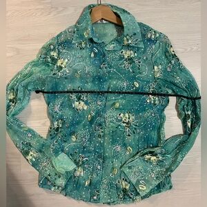 Sheer Turquoise-Teal Button-Down Blouse Featuring Floral Embroidery, Metallic